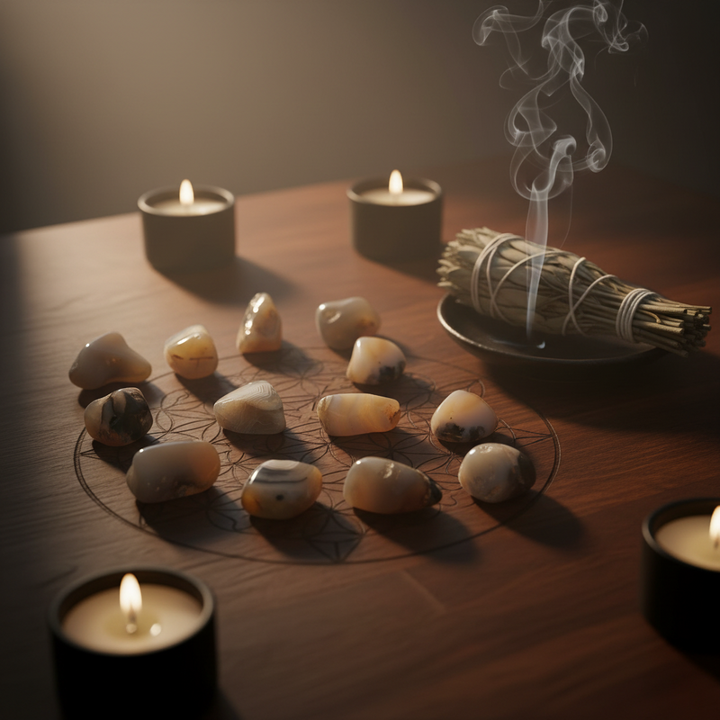 A styled arrangement of polished tumbled stones on a circular printed mat on a wooden table, surrounded by lit candles and a smudge bundle with visible smoke.