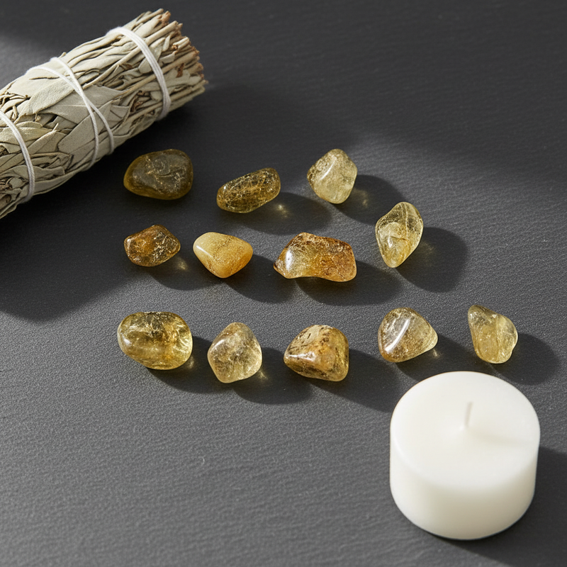 Ten small polished yellow tumbled stones arranged on a dark gray surface, with a white candle and a bundle of dried sage leaves as styled props.