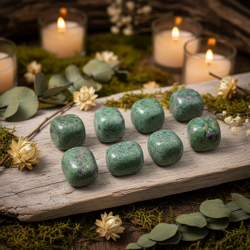 Ruby in kyanite on a wooden plank surrounded by candles and a greenery setting
