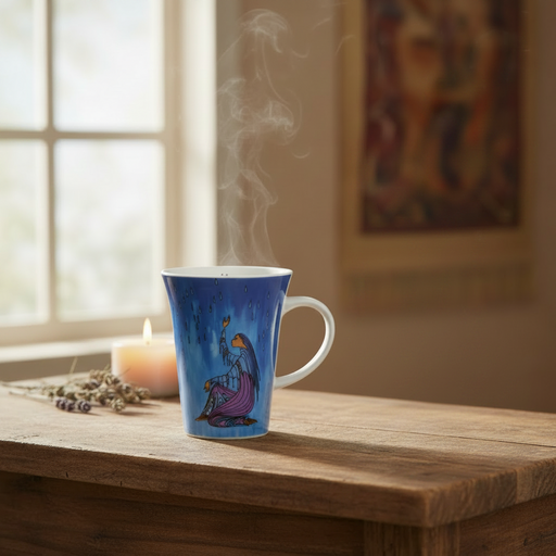 Maxine Noel 'Rainmaker' Porcelain Mug sits on a wooden table in a softly lit room, with steam rising from the mug and a blurred window, candle, and framed artwork in the background.