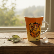 A tall ceramic mug with a yellow-to-orange gradient and a stylized graphic design, sitting on a rustic wooden windowsill with natural light. The mug has a white handle and base, with decorative leaves and a clear crystal beside it.