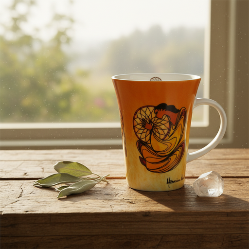 A tall ceramic mug with a yellow-to-orange gradient and a stylized graphic design, sitting on a rustic wooden windowsill with natural light. The mug has a white handle and base, with decorative leaves and a clear crystal beside it.