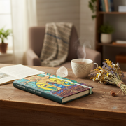 Strong Earth Woman journal by Métis artist Leah Dorion on a wooden table in a cozy room setting, alongside a steaming cup of coffee, an open book, and a small bouquet of dried flowers.