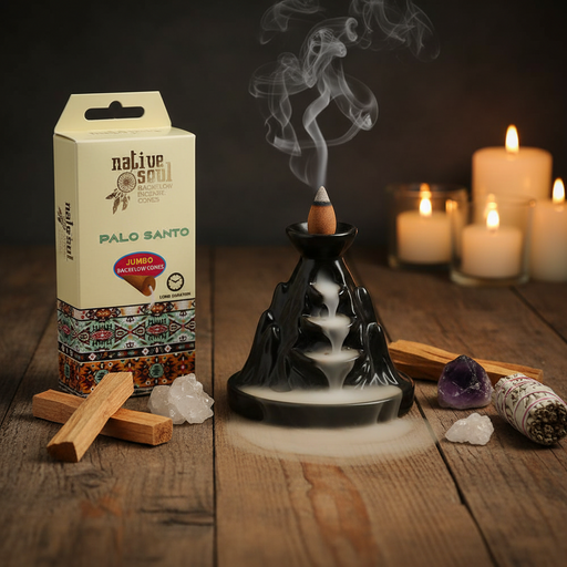 Incense burner with smoke, Native Soul Palo Santo packaging, candles, and crystals on a wooden surface.