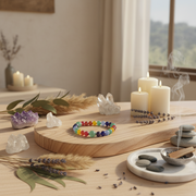 A colorful beaded bracelet with rainbow-colored round beads is displayed on a round wooden board, surrounded by crystals, dried lavender, candles, and incense in a softly lit, serene room setting.