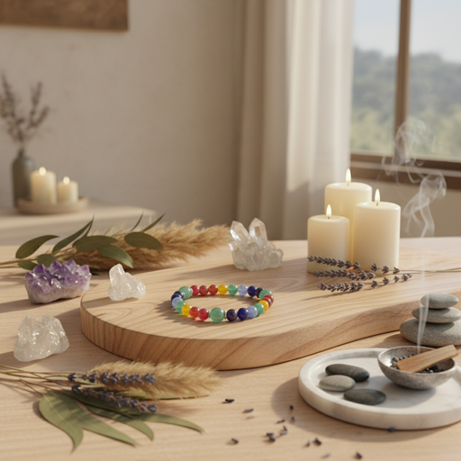 A colorful beaded bracelet with rainbow-colored round beads is displayed on a round wooden board, surrounded by crystals, dried lavender, candles, and incense in a softly lit, serene room setting.