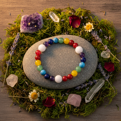 A multicolor beaded chakra bracelet arranged in a circle on a smooth gray stone, surrounded by a decorative wreath of green moss, lavender, crystal points, rose petals, and small white flowers on a wooden surface.