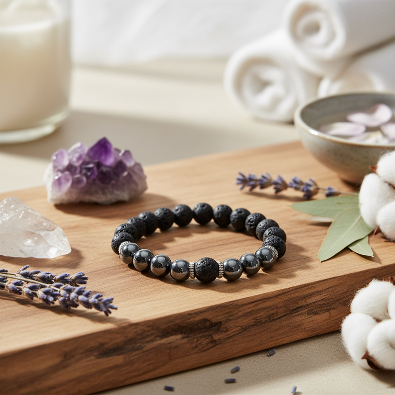 A beaded bracelet made of dark polished and matte black stones is displayed on a wooden board, surrounded by spa-themed props including lavender sprigs, a crystal cluster, cotton buds, and rolled towels in the background.