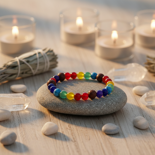 A multicolor beaded bracelet with rainbow-colored round beads rests on a smooth gray stone, surrounded by white stones, a bundle of dried grass, and glowing tealight candles on a light wooden surface.