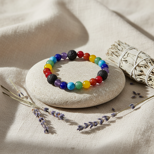 A beaded stretch bracelet with rainbow-colored and black lava stone beads, displayed on a round beige stone with dried lavender sprigs and a white sage bundle on a beige linen fabric background.