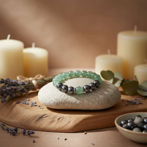 A beaded stretch bracelet with light green aventurine beads and dark metallic spacer beads, displayed on a smooth stone in a styled setting with candles, dried lavender, and eucalyptus.