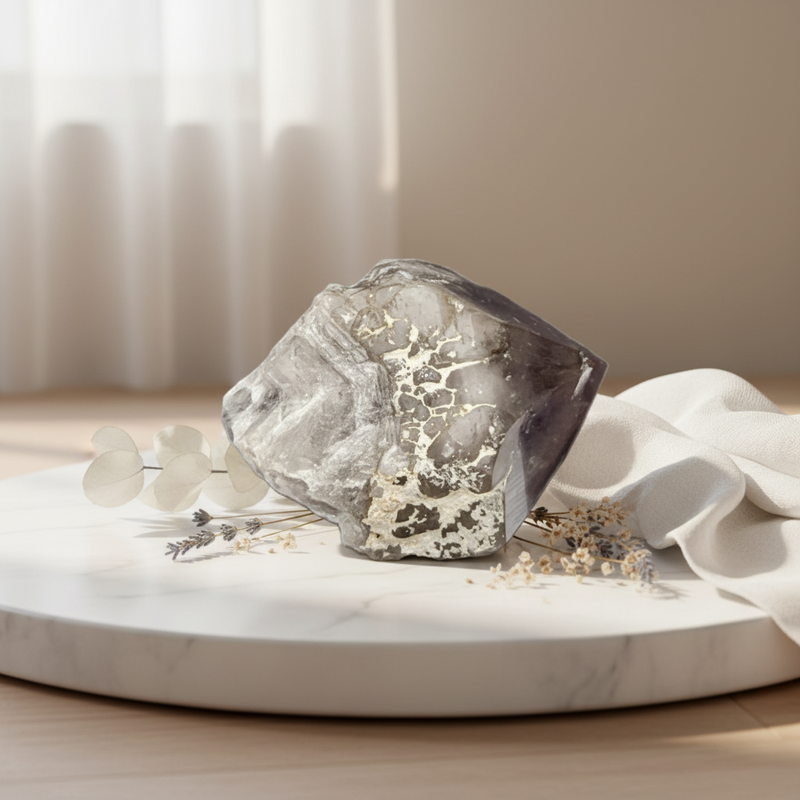 an amethyst point displayed on a round white marble board with white fabric and dried flowers in a softly lit interior setting.