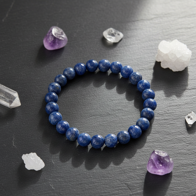 Blue beaded bracelet on a dark surface with crystals around