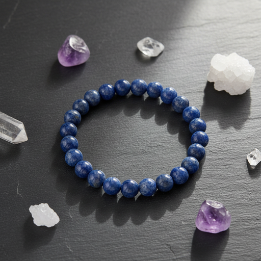 Blue beaded bracelet on a dark surface with crystals around