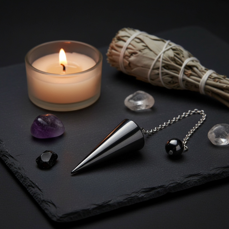 A black metallic cone pendulum with a silver chain and black bead, styled on a dark slate tray with a lit candle, a bundle of dried sage, and small polished stones.
