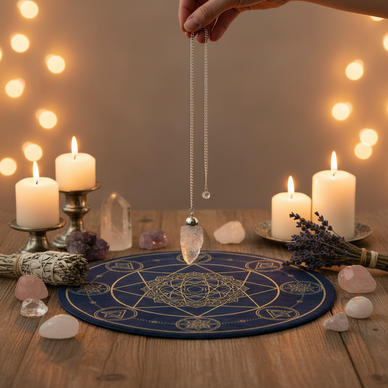 A hand holds a silver chain pendulum with a clear crystal quartz over a blue and gold circular crystal ball mat on a wooden table, surrounded by lit candles, crystals, and dried lavender.