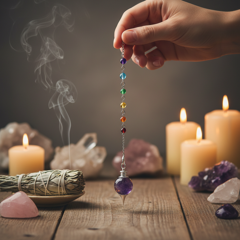 A hand holds a colorful chakra amethyst pendulum with a purple bottom weight over a wooden table decorated with lit candles, crystals, and a smudging bundle.