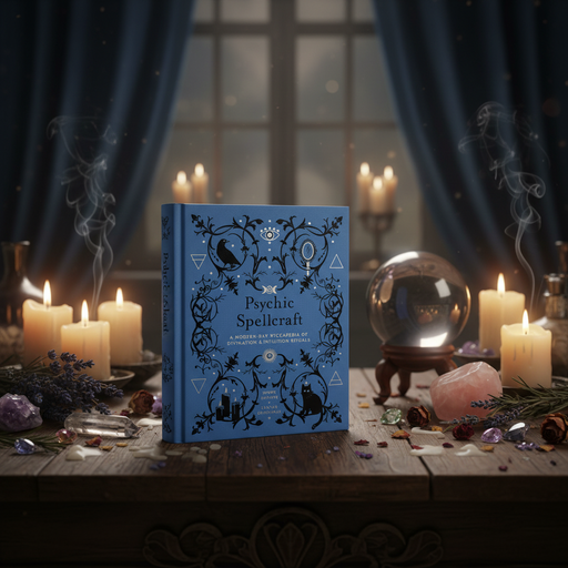 Blue book titled 'Psychic Spellcraft' on a mystical table with candles and crystals.