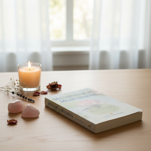Book, candle, and decorative stones on a wooden table with a soft focus background
