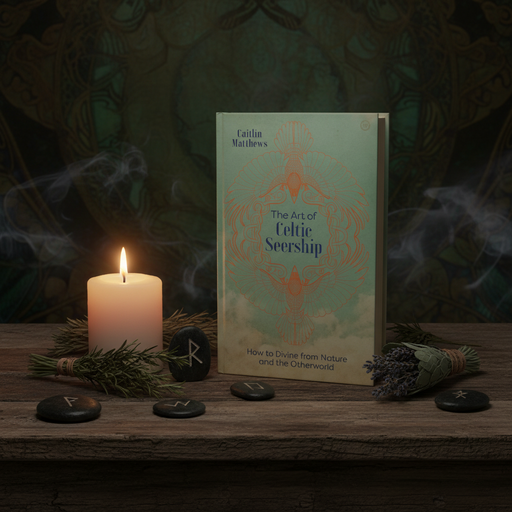 Book titled 'The Art of Celtic Seership' with a candle and herbs on a wooden surface.