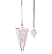 Pendulum with a pink crystal and a round pink stone on a white background