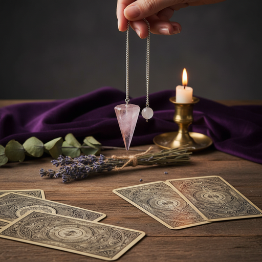 A hand holds a crystal pendulum with a pink quartz cone and a small white bead on a silver chain, set against a mystical tabletop scene with tarot cards, lavender, a candle, and purple fabric.