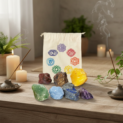 Set of colorful crystals with corresponding chakra symbols on a wooden surface, surrounded by candles and plants.