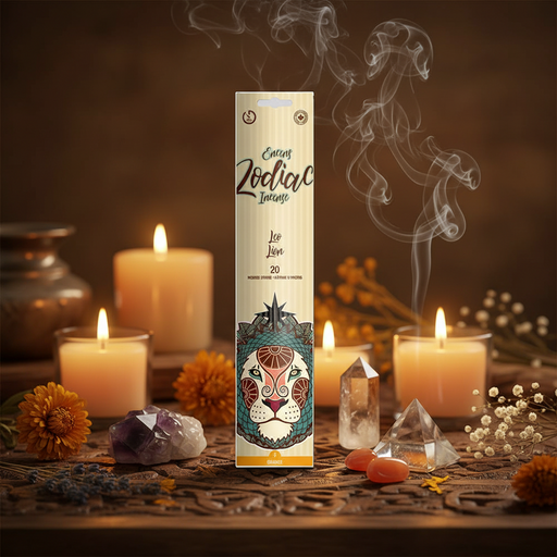 A tall  incense package  stands centered on a rustic wooden surface surrounded by lit candles, crystals, dried flowers, and rising smoke in a warm, atmospheric setting.