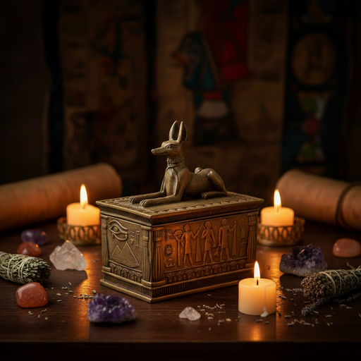 An ornate bronze-toned Egyptian-style coffin box with a dog figurine on top, displayed on a dark table with lit candles, crystals, and rolled parchment in a moody setting.