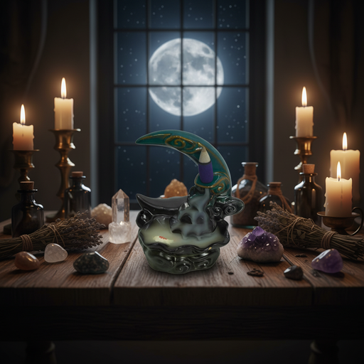 Witchcraft altar with candles, crystals, and a moon symbol in front of a window with a full moon.