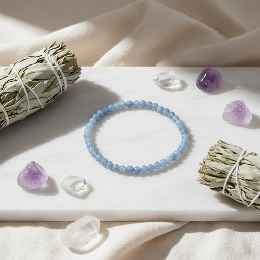 Blue beaded bracelet on a white surface with crystals and sage.