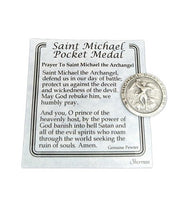 Saint Michael Pocket Medal with prayer card on a white background
