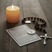 Saint Michael Pocket Medal with prayer card, wooden rosary, and lit candle on a wooden surface