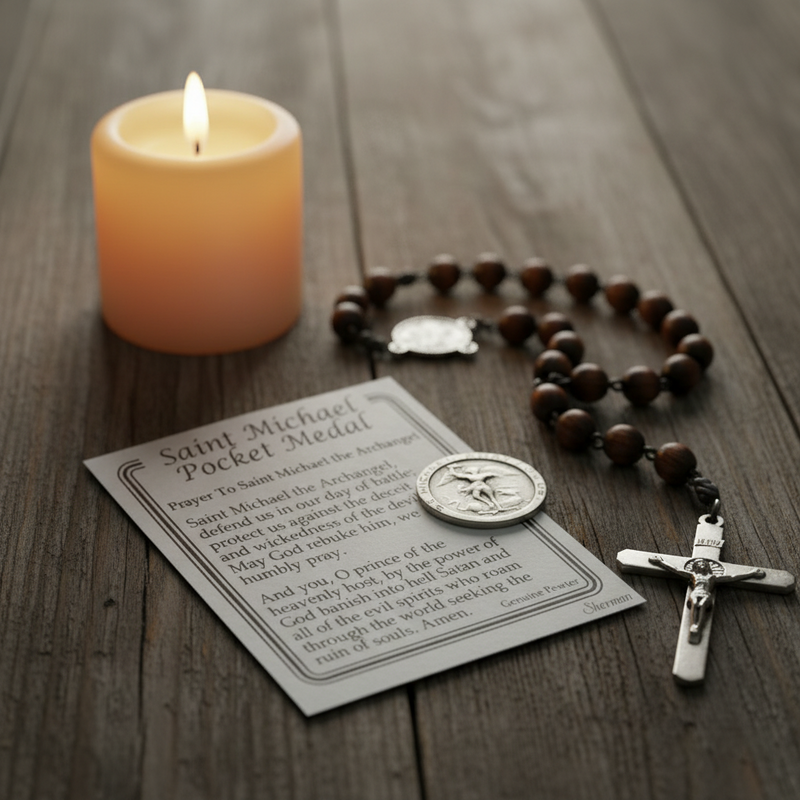 Saint Michael Pocket Medal with prayer card, wooden rosary, and lit candle on a wooden surface