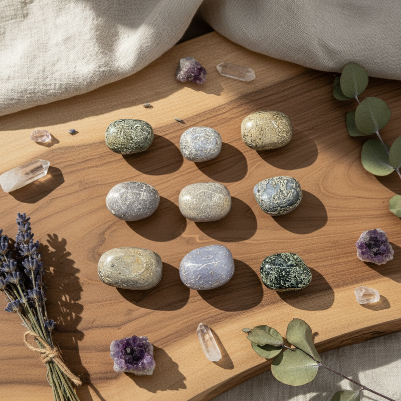 Assorted small rocks on a table in a sunny setting with other crystals and herbs for decoration.