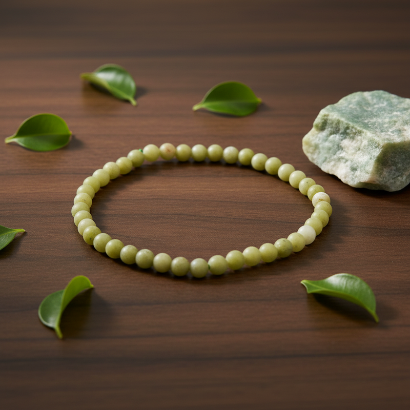 Green beaded bracelet on a wooden surface with leaves and a stone.