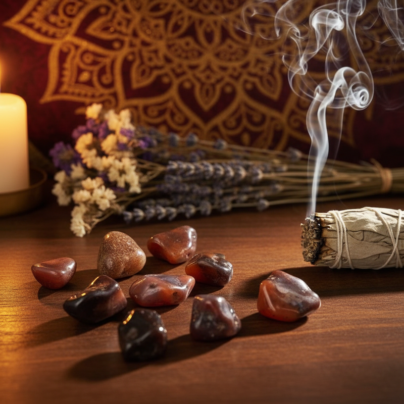 A styled tabletop scene with polished reddish-brown stones, a lit white smudge bundle with visible smoke, dried lavender, a candle, and a patterned burgundy textile in the background.