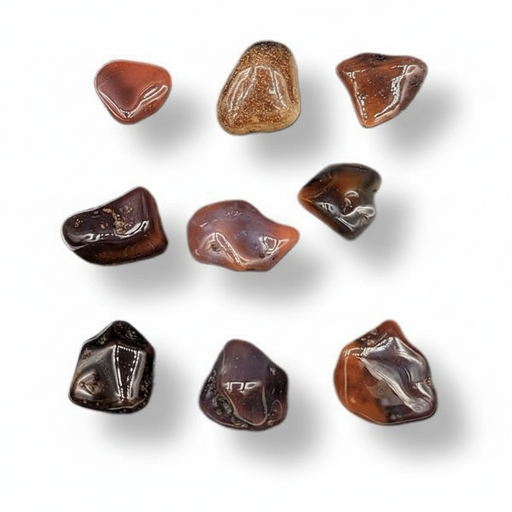 Nine polished brown and amber tumbled stones arranged in a 3x3 grid on a white background with soft drop shadows.