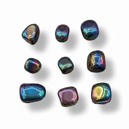 Multicolored stones with iridescent properties on a white background .