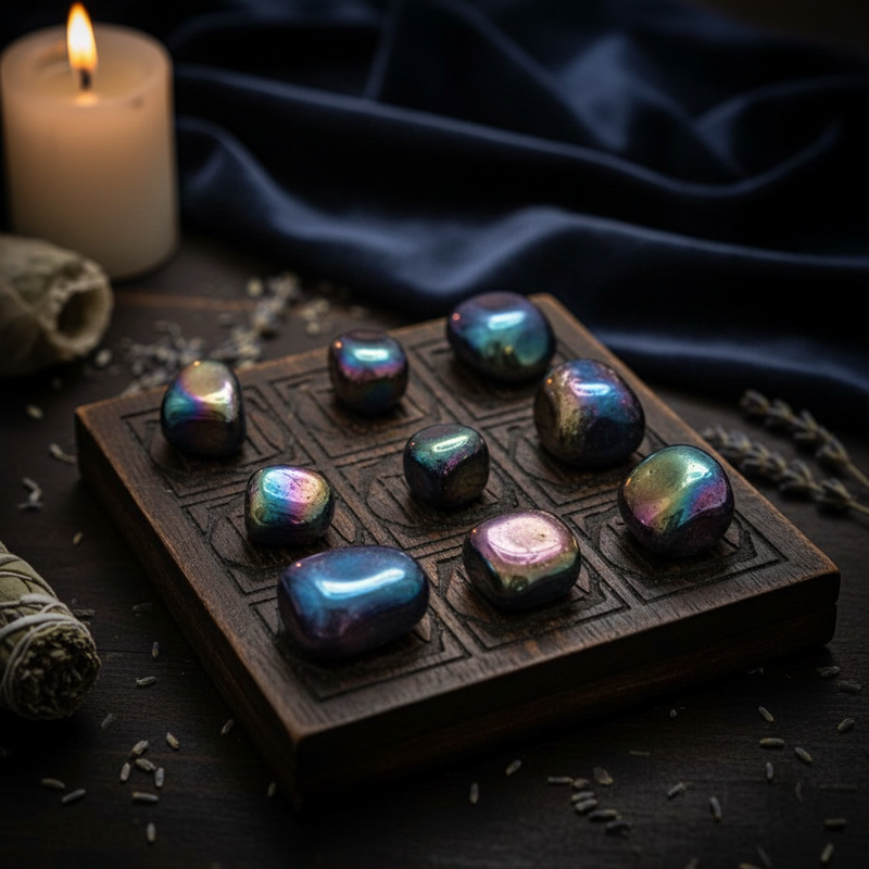 Multicolored stones with iridescent properties on a brown 9 squares with runes with sage and and a candle.
