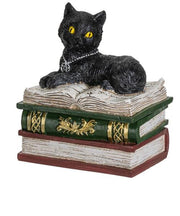  A box with a Black cat figurine on top of books with a white background