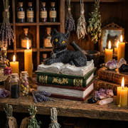 A decorative keepsake box shaped like stacked old books, with a black cat figurine posed on top of an open book lid, on top of a wooden table surrounded by candles and herbs