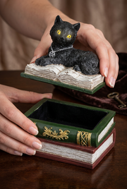 A decorative keepsake box shaped like stacked old books, shown open with a black cat figurine posed on top of an open book lid. Human hands are holding the lid, and the product is photographed on a wooden table.