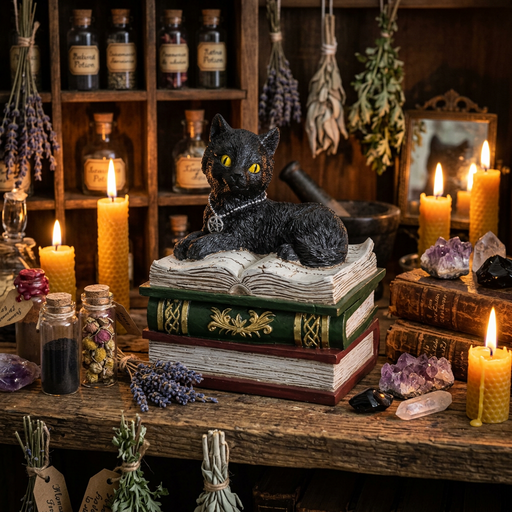 A decorative keepsake box shaped like stacked old books, with a black cat figurine posed on top of an open book lid, on top of a wooden table surrounded by candles and herbs