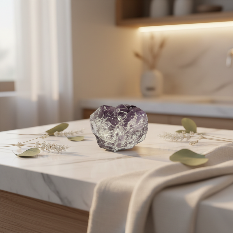 A polished purple  amethyst crystal with natural faceted edges sits on a white marble countertop, surrounded by dried green leaves and a beige throw blanket, with a softly blurred modern kitchen background.