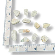 Set of stones with a ruler for scale on a white background