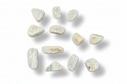 A set of polished light blue tumbled stones or pendants arranged on a plain white background with soft drop shadows.