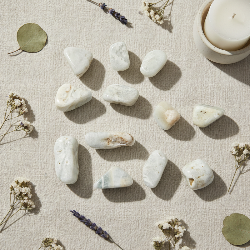 A styled flat-lay of ten polished white tumbled stones arranged on a beige linen surface, surrounded by dried flowers, lavender sprigs, a green leaf, and a white candle in a ceramic holder.