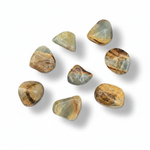 Seven polished tumbled gemstones in earthy brown, beige, and gray tones, arranged on a clean white background with soft drop shadows.