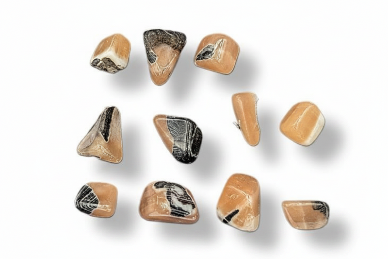 Nine polished tumbled stones in warm tan, cream, and black marbled patterns, arranged on a clean white background with soft drop shadows.